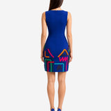 SIGNATURE HAND PAINTED AND RIBBONED NEOPRENE BLUE MINI DRESS