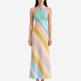 PASTEL STRIPES SILK CROSS-NECK DRESS