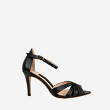 BLACK LEATHER HIGH HEEL SANDALS