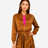 BRONZE HAND-PAINTED AND RIBBONED SATIN BOMBER JACKET