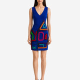 SIGNATURE HAND PAINTED AND RIBBONED NEOPRENE BLUE MINI DRESS