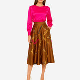 BRONZE HAND-PAINTED AND RIBBONED SATIN MIDI SKIRT