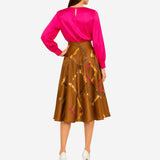 BRONZE HAND-PAINTED AND RIBBONED SATIN MIDI SKIRT