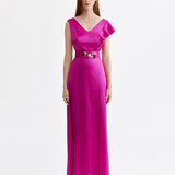 MAGENTA SILK MAXI DRESS WITH RUFFLE