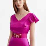 MAGENTA SILK MAXI DRESS WITH RUFFLE