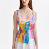ABSTRACTION HAND-PAINTED AND RIBBONED DRESS