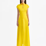 YELLOW SATIN MAXI DRESS WITH BEADED NECK