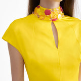 YELLOW SATIN MAXI DRESS WITH BEADED NECK