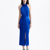 ROYAL BLUE HIGH-NECK MIDI DRESS WITH RIBBONS