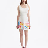 WHITE COTTON HAND-PAINTED MINI DRESS WITH RIBBONS