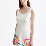 WHITE COTTON HAND-PAINTED MINI DRESS WITH RIBBONS