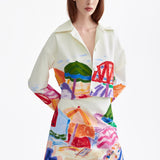 WHITE COTTON CROPPED HAND-PAINTED BLAZER WITH RIBBONS
