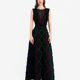 BLACK NEOPRENE MAXI DRESS WITH POMPONS