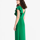 GREEN SILK MAXI DRESS WITH RUFFLE