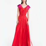 CORAL SILK ORGANZA EVENING DRESS
