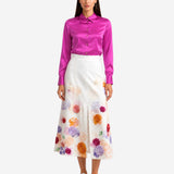 FLOWERS PAINTED AND RIBBONED COTTON MIDI SKIRT